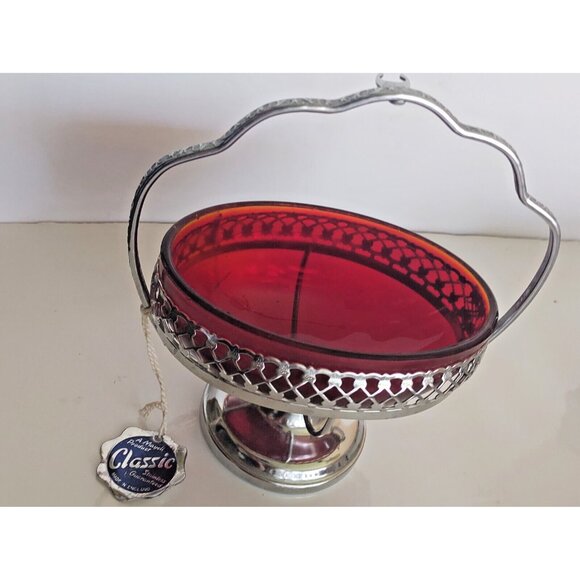 A Maywell Classic England Red Glass Oval Shaped Candy Bowl Silver Filigree Stand - Picture 8 of 9